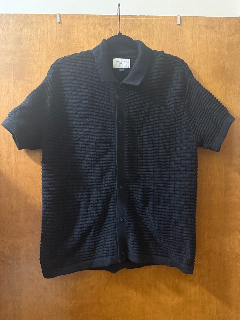 American Eagle Outfitters Black Short-Sleeve Textured Button-Down Shirt